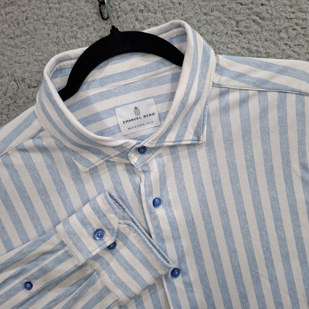 Emanuel Berg Shirt Men's XXL Modern Fit 18" Button Up Blue And White Stripe